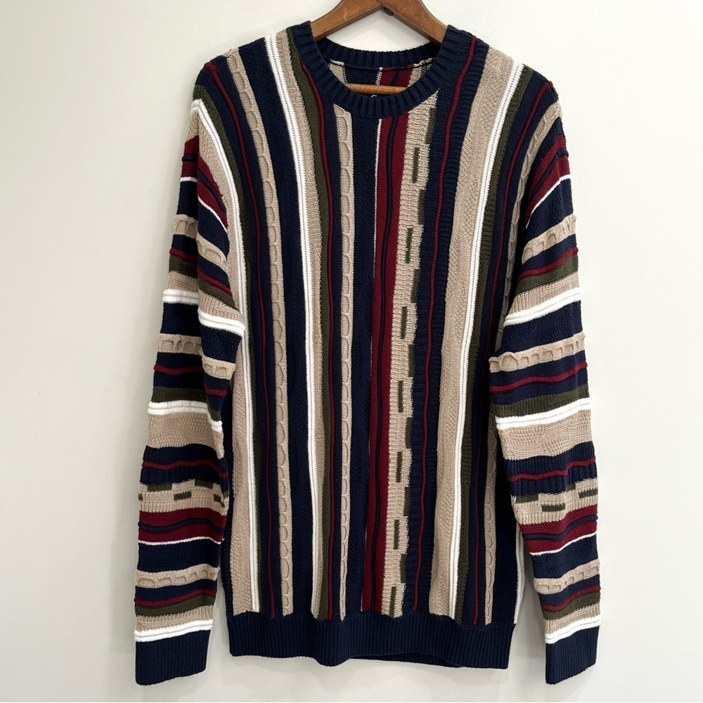 Hollister Cosby 3-D Knit Sweater Tan Navy Red Size Medium Men’s 90’s Inspired